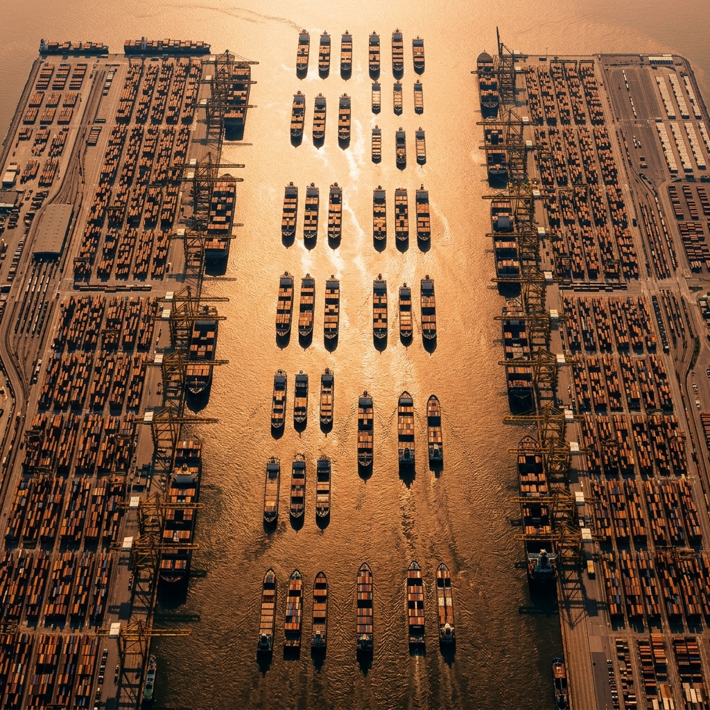 Cinematic aerial view of container port at golden hour