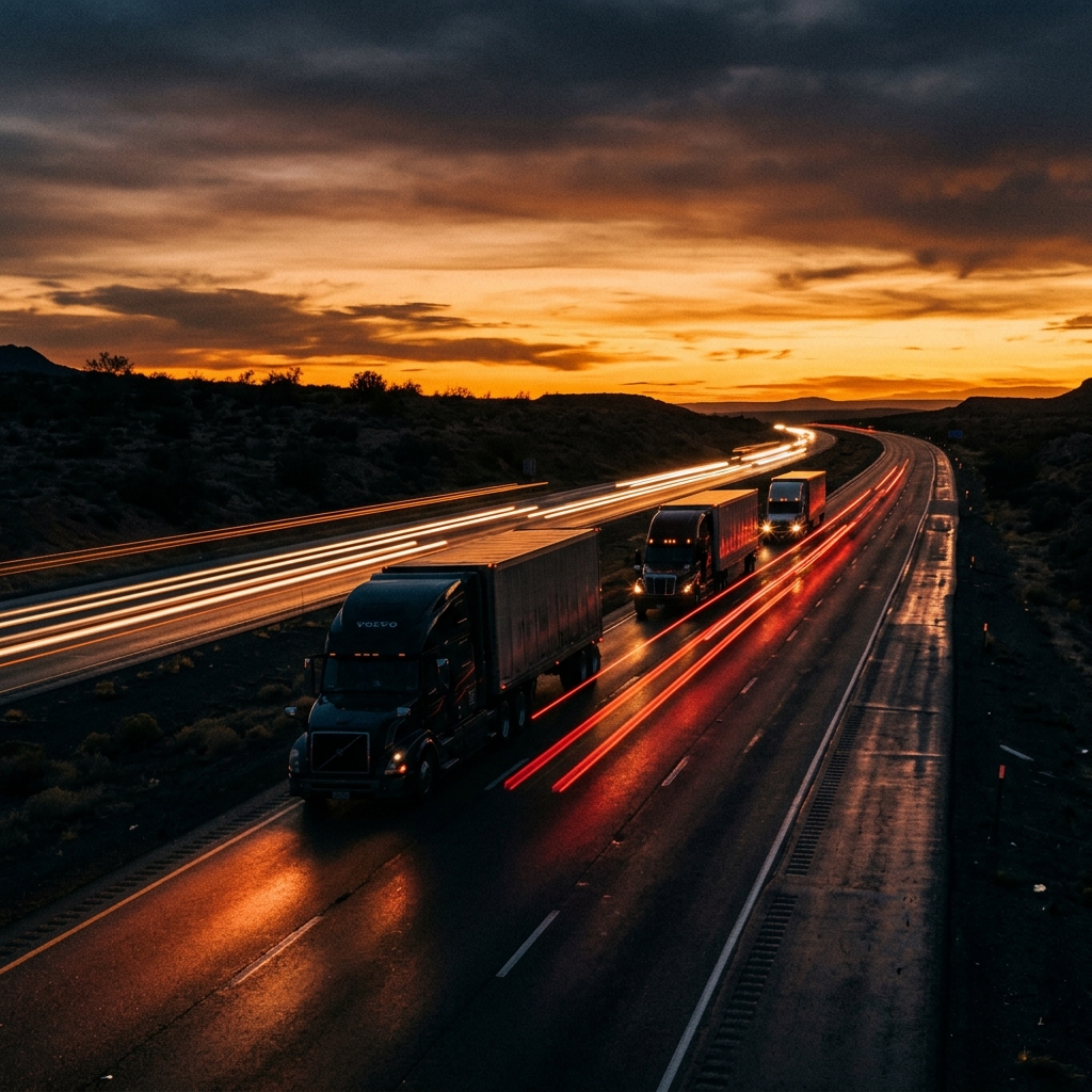 Freight trucks at twilight